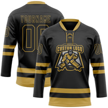 Laden Sie das Bild in den Galerie-Viewer, Uksn Individuelles Schwarz Altgold Eishockey-Trikot mit Schnürkragen