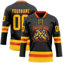 Laden Sie das Bild in den Galerie-Viewer, Uksn Individuelles Schwarz Gelb-Orange Eishockey-Trikot mit Schnürkragen