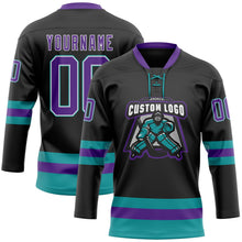 Laden Sie das Bild in den Galerie-Viewer, Uksn Individuelles Schwarz Violett-Petrol Eishockey-Trikot mit Schnürkragen