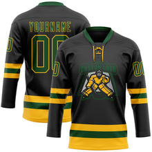 Laden Sie das Bild in den Galerie-Viewer, Uksn Individuelles Schwarz Grün-Gold Eishockey-Trikot mit Schnürkragen