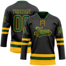 Laden Sie das Bild in den Galerie-Viewer, Uksn Individuelles Schwarz Grün-Gold Eishockey-Trikot mit Schnürkragen