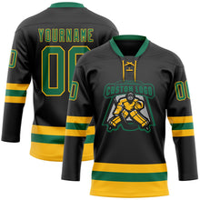 Laden Sie das Bild in den Galerie-Viewer, Uksn Individuelles Schwarz Kelly-Grün-Gold Eishockey-Trikot mit Schnürkragen