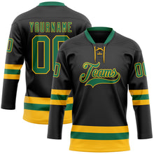 Laden Sie das Bild in den Galerie-Viewer, Uksn Individuelles Schwarz Kelly-Grün-Gold Eishockey-Trikot mit Schnürkragen