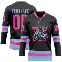 Laden Sie das Bild in den Galerie-Viewer, Uksn Individuelles Schwarz Pink-Hellblau Eishockey-Trikot mit Schnürkragen