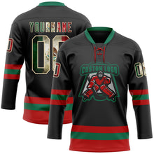 Laden Sie das Bild in den Galerie-Viewer, Uksn Individuelles Schwarz Vintage Mexikanische Flagge Creme Rot-Kelly-Grün Eishockey-Trikot mit Schnürkragen