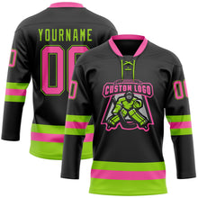 Laden Sie das Bild in den Galerie-Viewer, Uksn Individuelles Schwarz Pink-Neongrün Eishockey-Trikot mit Schnürkragen