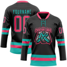 Laden Sie das Bild in den Galerie-Viewer, Uksn Individuelles Schwarz Neonpink-Aqua Eishockey-Trikot mit Schnürkragen