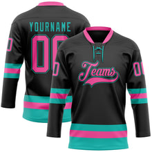 Laden Sie das Bild in den Galerie-Viewer, Uksn Individuelles Schwarz Pink-Aqua Eishockey-Trikot mit Schnürkragen