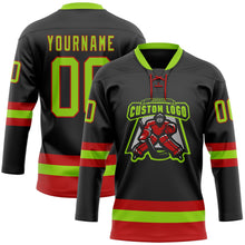 Laden Sie das Bild in den Galerie-Viewer, Uksn Individuelles Schwarz Neongrün-Rot Eishockey-Trikot mit Schnürkragen