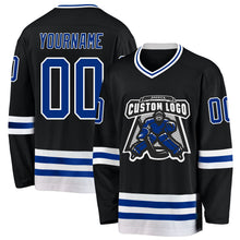 Laden Sie das Bild in den Galerie-Viewer, Uksn Individuelles Schwarz Royalblau-Weiß Eishockey-Trikot