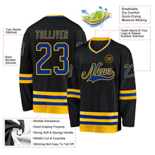 Laden Sie das Bild in den Galerie-Viewer, Uksn Individuelles Schwarz Royalblau-Gold Eishockey-Trikot