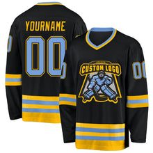 Laden Sie das Bild in den Galerie-Viewer, Uksn Individuelles Schwarz Hellblau-Gold Eishockey-Trikot
