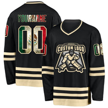 Laden Sie das Bild in den Galerie-Viewer, Uksn Individuelles Schwarz Vintage Mexikanische Flagge-Creme Eishockey-Trikot