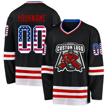 Laden Sie das Bild in den Galerie-Viewer, Uksn Individuelles Schwarz USA-Flagge Royalblau-Rot Eishockey-Trikot