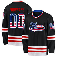 Laden Sie das Bild in den Galerie-Viewer, Uksn Individuelles Schwarz USA-Flagge Royalblau-Rot Eishockey-Trikot