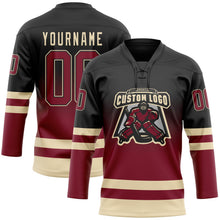 Laden Sie das Bild in den Galerie-Viewer, Uksn Individuelles Schwarz Karmesinrot-Creme Fade-Design Eishockey-Trikot mit Schnürkragen