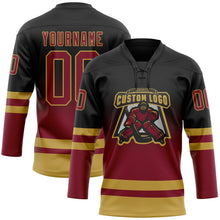 Laden Sie das Bild in den Galerie-Viewer, Uksn Individuelles Schwarz Karmesinrot-Altgold Fade-Design Eishockey-Trikot mit Schnürkragen