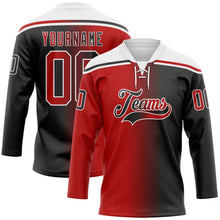 Laden Sie das Bild in den Galerie-Viewer, Uksn Individuelles Schwarz Rot-Weiß Verlaufsdesign Eishockey-Trikot mit Schnürkragen