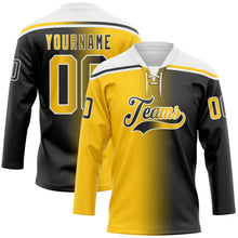 Laden Sie das Bild in den Galerie-Viewer, Uksn Individuelles Schwarz Gelb-Weiß Verlaufsdesign Eishockey-Trikot mit Schnürkragen