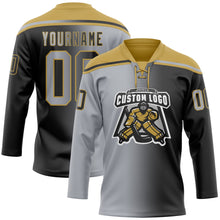 Laden Sie das Bild in den Galerie-Viewer, Uksn Individuelles Schwarz Grau-Altgold Verlaufsdesign Eishockey-Trikot mit Schnürkragen