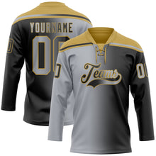 Laden Sie das Bild in den Galerie-Viewer, Uksn Individuelles Schwarz Grau-Altgold Verlaufsdesign Eishockey-Trikot mit Schnürkragen