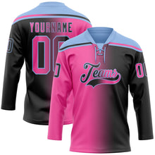 Laden Sie das Bild in den Galerie-Viewer, Uksn Individuelles Schwarz Pink-Hellblau Verlaufsdesign Eishockey-Trikot mit Schnürkragen
