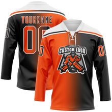 Laden Sie das Bild in den Galerie-Viewer, Uksn Individuelles Schwarz Orange-Weiß Verlaufsdesign Eishockey-Trikot mit Schnürkragen