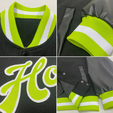 Laden Sie das Bild in den Galerie-Viewer, Uksn Individuelles Bomberjacke in Schwarz-Neongrün-Weiß mit Druckknopfleiste und Varsity-Letterman-Stil