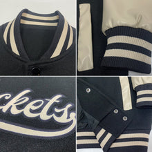 Laden Sie das Bild in den Galerie-Viewer, Uksn Individuelles Bomberjacke in Schwarz-Creme mit Druckknopfleiste, Zweifarben-Design und Varsity-Letterman-Stil