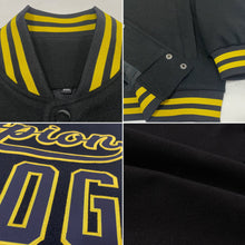Laden Sie das Bild in den Galerie-Viewer, Uksn Individuelles Bomberjacke in Schwarz-Altgold mit Druckknopfleiste und Varsity-Letterman-Stil
