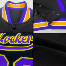 Laden Sie das Bild in den Galerie-Viewer, Uksn Individuelles Bomberjacke in Schwarz-Violett-Gold mit Druckknopfleiste, Zweifarben-Design und Varsity-Letterman-Stil