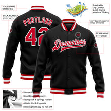 Laden Sie das Bild in den Galerie-Viewer, Uksn Individuelles Bomberjacke in Schwarz-Rot-Weiß mit Druckknopfleiste und Varsity-Letterman-Stil