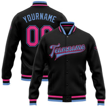 Laden Sie das Bild in den Galerie-Viewer, Uksn Individuelles Bomberjacke in Schwarz-Pink-Hellblau mit Druckknopfleiste und Varsity-Letterman-Stil