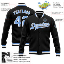Laden Sie das Bild in den Galerie-Viewer, Uksn Individuelles Bomberjacke in Schwarz-Hellblau-Weiß mit Druckknopfleiste und Varsity-Letterman-Stil