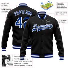 Laden Sie das Bild in den Galerie-Viewer, Uksn Individuelles Bomberjacke in Schwarz-Royalblau-Weiß mit Druckknopfleiste und Varsity-Letterman-Stil