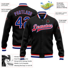 Laden Sie das Bild in den Galerie-Viewer, Uksn Individuelles Bomberjacke in Schwarz-Royalblau-Weiß-Rot mit Druckknopfleiste und Varsity-Letterman-Stil