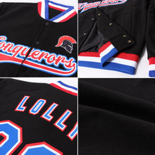 Laden Sie das Bild in den Galerie-Viewer, Uksn Individuelles Bomberjacke in Schwarz-Royalblau-Weiß-Rot mit Druckknopfleiste und Varsity-Letterman-Stil