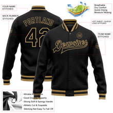 Laden Sie das Bild in den Galerie-Viewer, Uksn Individuelles Bomberjacke in Schwarz-Schwarz-Altgold mit Druckknopfleiste und Varsity-Letterman-Stil