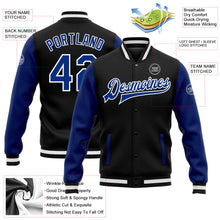 Laden Sie das Bild in den Galerie-Viewer, Uksn Individuelles Bomberjacke in Schwarz-Royalblau-Weiß mit Druckknopfleiste, Zweifarben-Design und Varsity-Letterman-Stil