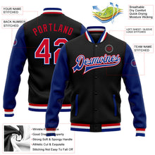 Laden Sie das Bild in den Galerie-Viewer, Uksn Individuelles Bomberjacke in Schwarz-Rot-Royalblau mit Druckknopfleiste, Zweifarben-Design und Varsity-Letterman-Stil