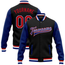 Laden Sie das Bild in den Galerie-Viewer, Uksn Individuelles Bomberjacke in Schwarz-Rot-Royalblau mit Druckknopfleiste, Zweifarben-Design und Varsity-Letterman-Stil