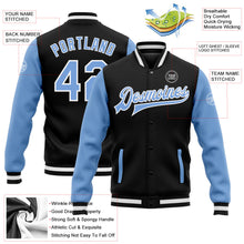 Laden Sie das Bild in den Galerie-Viewer, Uksn Individuelles Bomberjacke in Schwarz-Hellblau-Weiß mit Druckknopfleiste, Zweifarben-Design und Varsity-Letterman-Stil