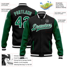 Laden Sie das Bild in den Galerie-Viewer, Uksn Individuelles Bomberjacke in Schwarz-Kelly-Grün-Weiß mit Druckknopfleiste, Zweifarben-Design und Varsity-Letterman-Stil