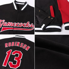 Laden Sie das Bild in den Galerie-Viewer, Uksn Individuelles Bomberjacke in Schwarz-Karmesinrot-Weiß mit Druckknopfleiste, Zweifarben-Design und Varsity-Letterman-Stil