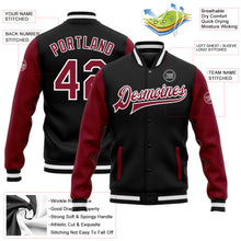 Laden Sie das Bild in den Galerie-Viewer, Uksn Individuelles Bomberjacke in Schwarz-Karmesinrot-Weiß mit Druckknopfleiste, Zweifarben-Design und Varsity-Letterman-Stil