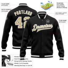 Laden Sie das Bild in den Galerie-Viewer, Uksn Individuelles Bomberjacke in Schwarz-Vegas-Gold-Weiß mit Druckknopfleiste und Varsity-Letterman-Stil