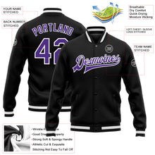Laden Sie das Bild in den Galerie-Viewer, Uksn Individuelles Bomberjacke in Schwarz-Violett-Weiß mit Druckknopfleiste und Varsity-Letterman-Stil
