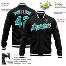 Laden Sie das Bild in den Galerie-Viewer, Uksn Individuelles Bomberjacke in Schwarz-Aqua-Weiß mit Druckknopfleiste und Varsity-Letterman-Stil