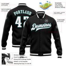 Laden Sie das Bild in den Galerie-Viewer, Uksn Individuelles Bomberjacke in Schwarz-Weiß-Grau-Mitternachtsgrün mit Druckknopfleiste und Varsity-Letterman-Stil