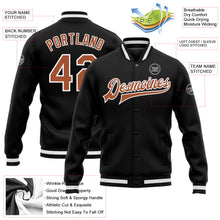 Laden Sie das Bild in den Galerie-Viewer, Uksn Individuelles Bomberjacke in Schwarz-Texas-Orange-Weiß mit Druckknopfleiste und Varsity-Letterman-Stil
